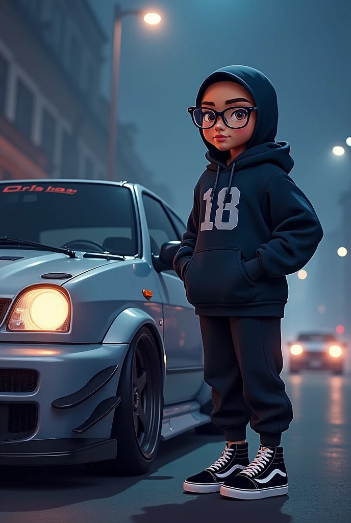 cartoon, large fat chubby girl with glasses wearing dark navy blue hijab, black hoodie with 18 in gray, black jogger pants, hi-cut black white vans shoes, side by side with sporty modified silver honda jazz gk5 rs 2018, at night foggy weather
