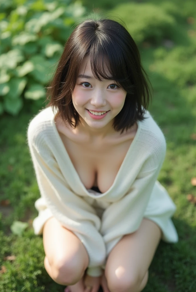 Professional photorealistic image, (Green spaces in Nikko parks), (Wearing a loose white pullover with no bra) A cute 20-year-old Japanese woman with fluffy short hair, she is squatting, Leaning forward, And with her hands resting on her lap. The collar of her pullover hangs down from her chest, A glimpse of her chest and nipples peeking through the gap, She looked at me and smiled shyly, blushing. Composition from directly above, Browsing Caution,