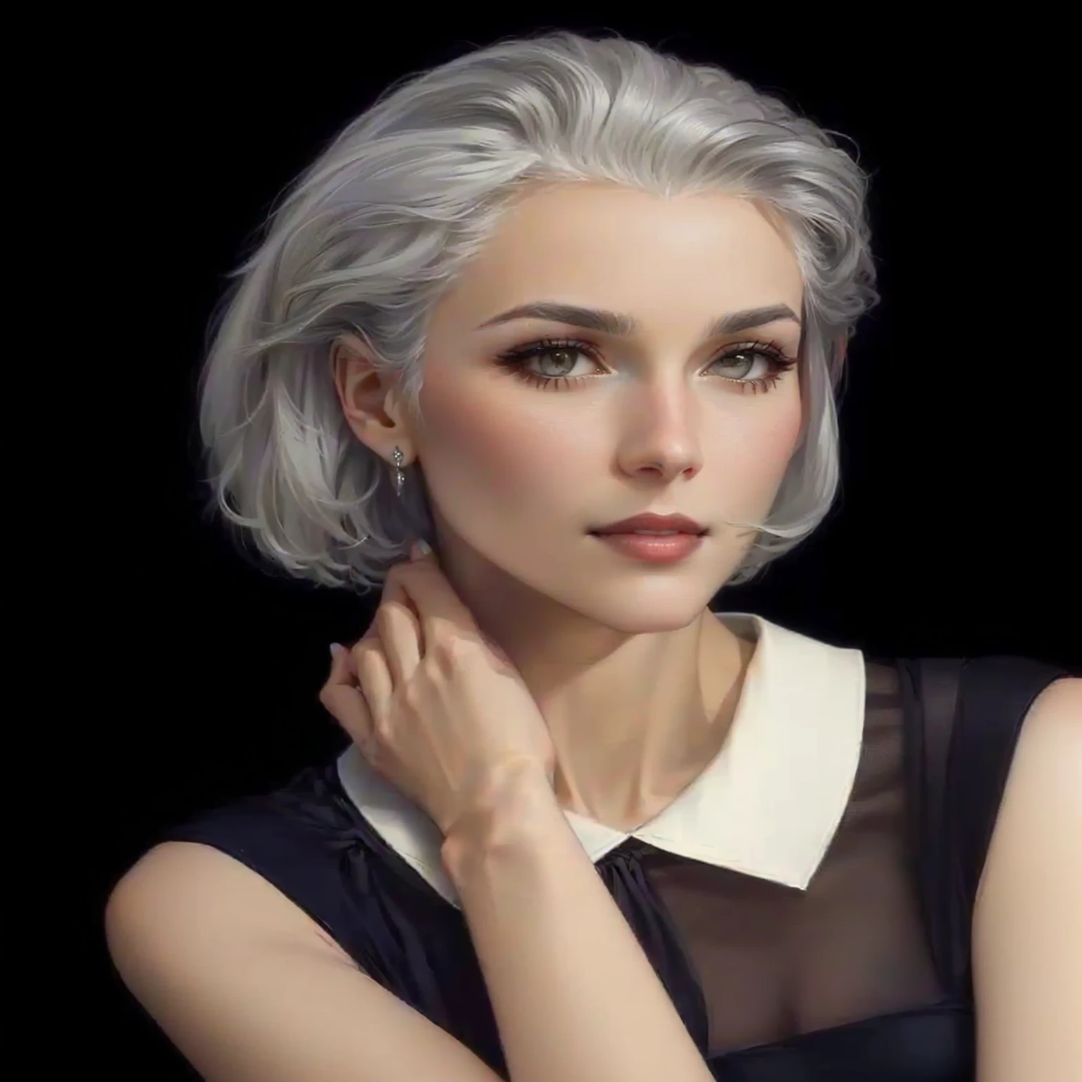 arafat woman with gray hair and in black dress poses for photo, gray-haired, Carmen Dell, jeweller, late - 40 years, white haired lady, short gray hair, silver-haired, elegant and graceful, with short cropped white hair, profile picture, Incredibly beautiful, old gray hair, salt and pepper for hair, with dark grey hair