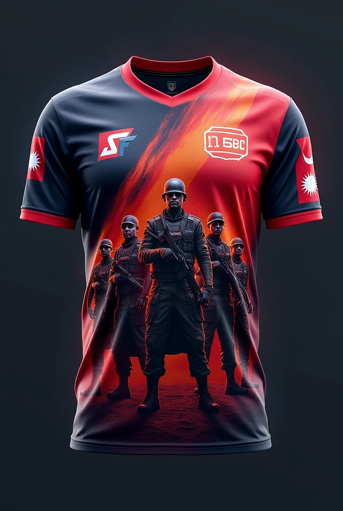 Creat a jersey for ESPORTS WITH LOGO .witre FURY SOLDIERS IN MIDDLE .keep nepal falg in left side of jersey and FS LOGO IN left .show jersey back side and wirte name fs topey .remove people from it and write FURY SOILDERS.WRITE PALYER NAME IN BACK GROUND FSTOPEY
