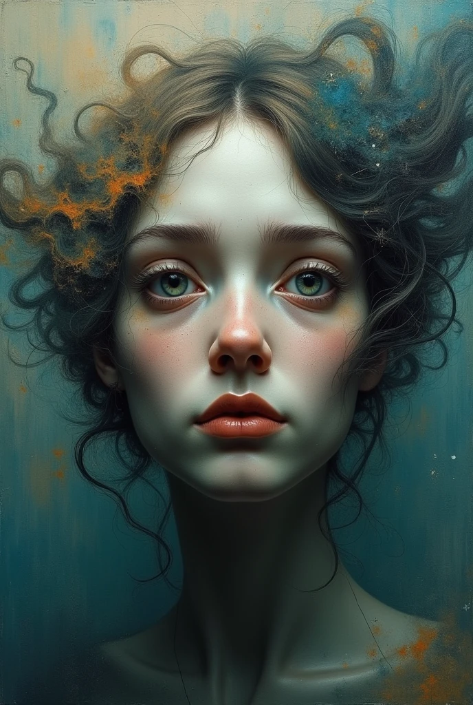 I am she who is locked in a surreal painting where only my face is seen in 3D with feelings of sadness from many accumulated lives . The message I want to convey is that there are other realities, very real. , 48K