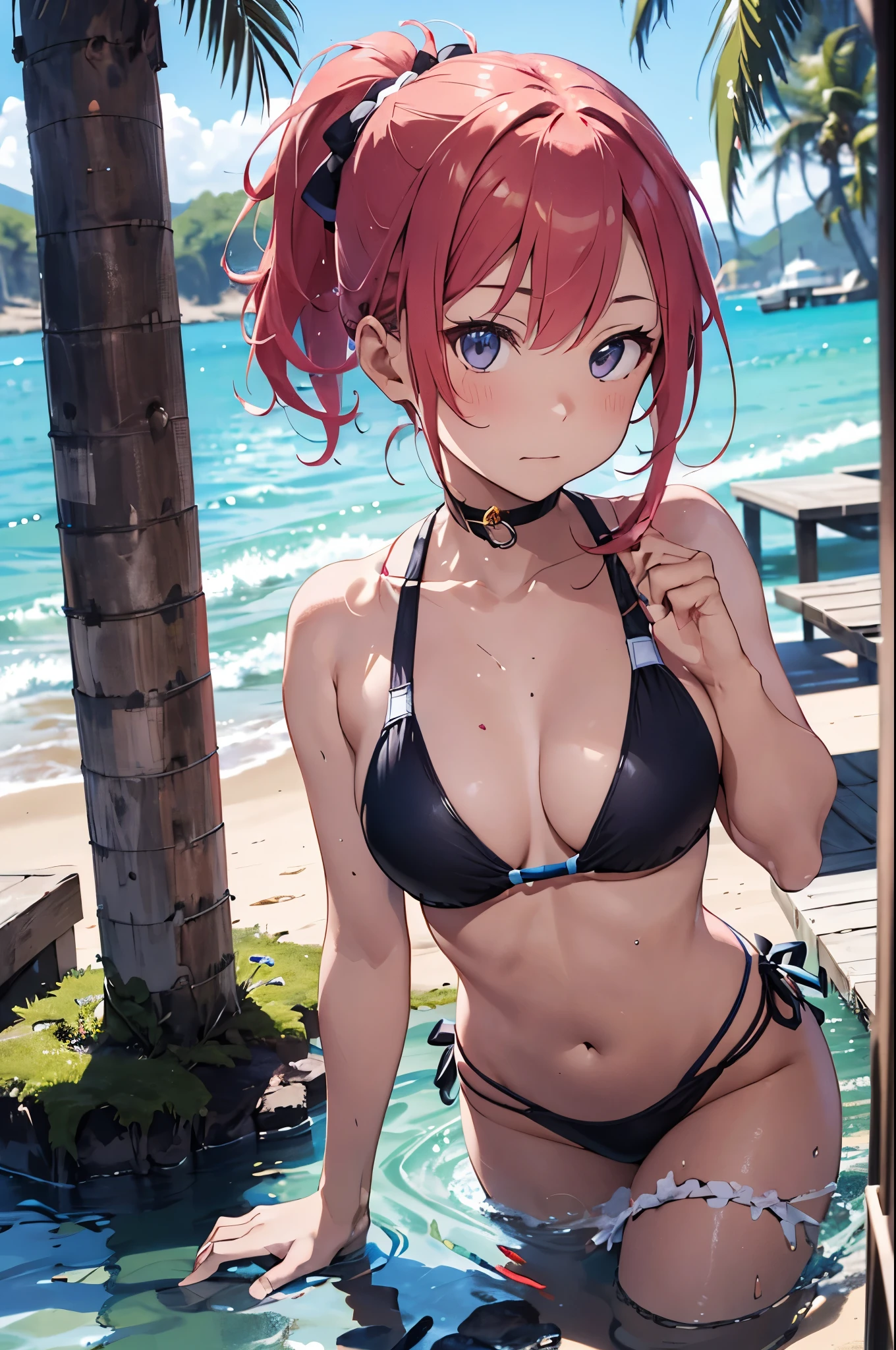 4K,8k,High resolution,Pink Swimsuit、
Quite a young woman,Pink Hair、ponytail、Pink Swimsuit、
(Soft Saturation:1.3), (Fair skin:1.2),
(ultra-Detailed Background, Detailed Background), Bokeh,
break&#39;Smiling portrait.,
When viewed from the front, The composition is symmetrical,
Looking straight at you with serious eyes,
break Swimwear, Pink Bikini, Center of chest, 
Outdoor, Sea surface, null, sunlight,Summer beach, Sandy Beach,
Strong light, Front lighting, 
(Teen:1.3), (Cowboy Shot:1.2),
Front brake angle,
View your viewers,
Dynamic pose,
sitting on the beach
Wakame seaweed、Wakame seaweed、
Seaweed、Seaweed、Seaweed、Seaweed、Seaweed、Seaweed、Seaweed、