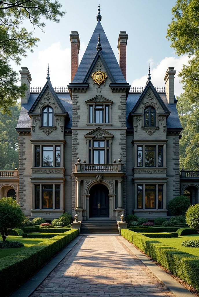 (photorealism:1.2), Wayne Manor style intricate house but affordable to Todays market. Include a family crest.
