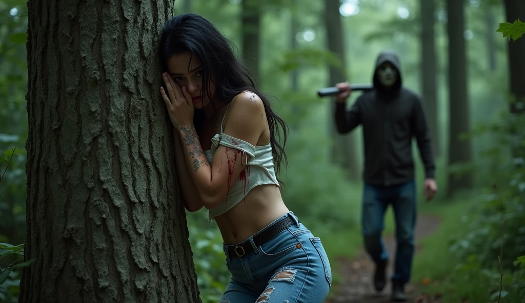 ultra realistic, photography, long black straight hair, messy hair, (30 years old, hazel eyes, hourglass figure, perfect fit body, natural big breasts), femme fatale, she is wearing a very ripped and torn blouse with a plunging neckline, pushed down over her right shoulder, blood is on her blouse, she got cuts and scratches, there are bloodstains on her blue jeans, her sneakers are dirty, she is hiding in the woods, standing behind a huge tree, she is leaning against the huge tree, she looks very scared, she covers her mouth with her hands, a guy with a devils mask and a bloody machete is approaching behind her tree, he is looking around, extreme wide angle