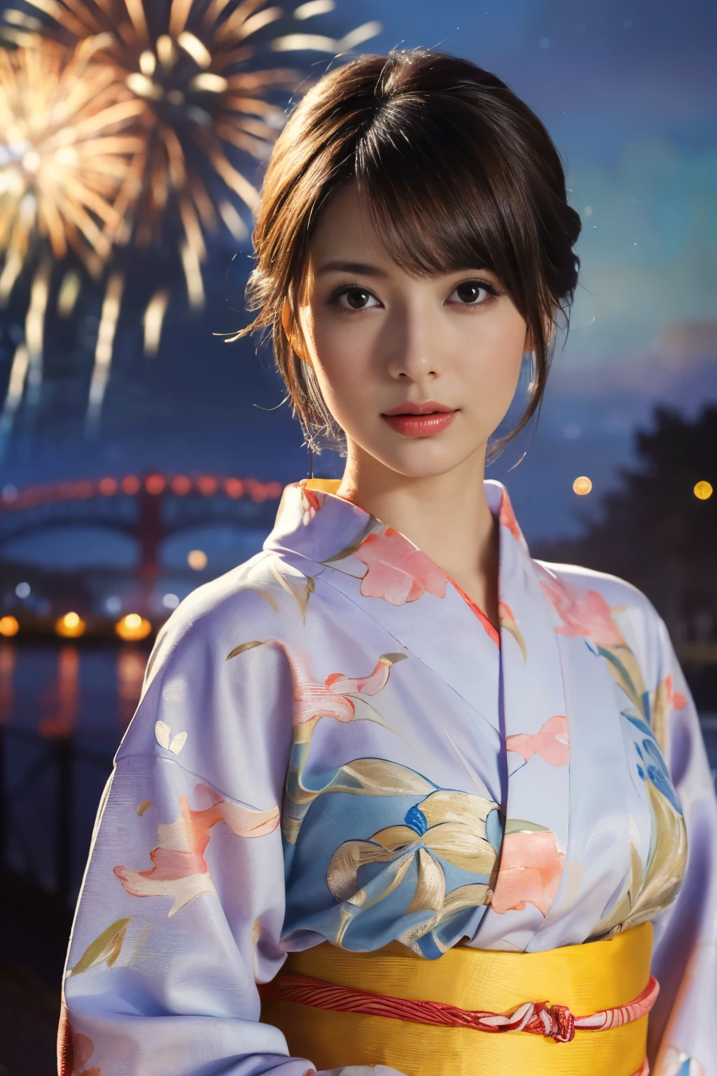 ((masterpiece:1.4, Highest quality)), (Realistic photos:1.4),
((1 person)), (Otherworldly beauty), (dream-like),
(超High resolution:1.2), Very delicate and beautiful, wonderful, Very detailed CG Unity 8k wall paper, Very detailed, High resolution,
Soft Light, Beautiful detailed, Very detailed eyes and face, Beautiful and detailed nose, Beautiful and detailed,
(French girl in yukata:1.3), (Outdoor), (Fireworks at night:1.3), (Old Japan Bridge),
Cinema Lighting, Perfect Anatomy, Slender body, (Dark blond hair), (Parted bangs),
(The world of impressionist painting:1.5), (Impressionist light and colour),
(face)