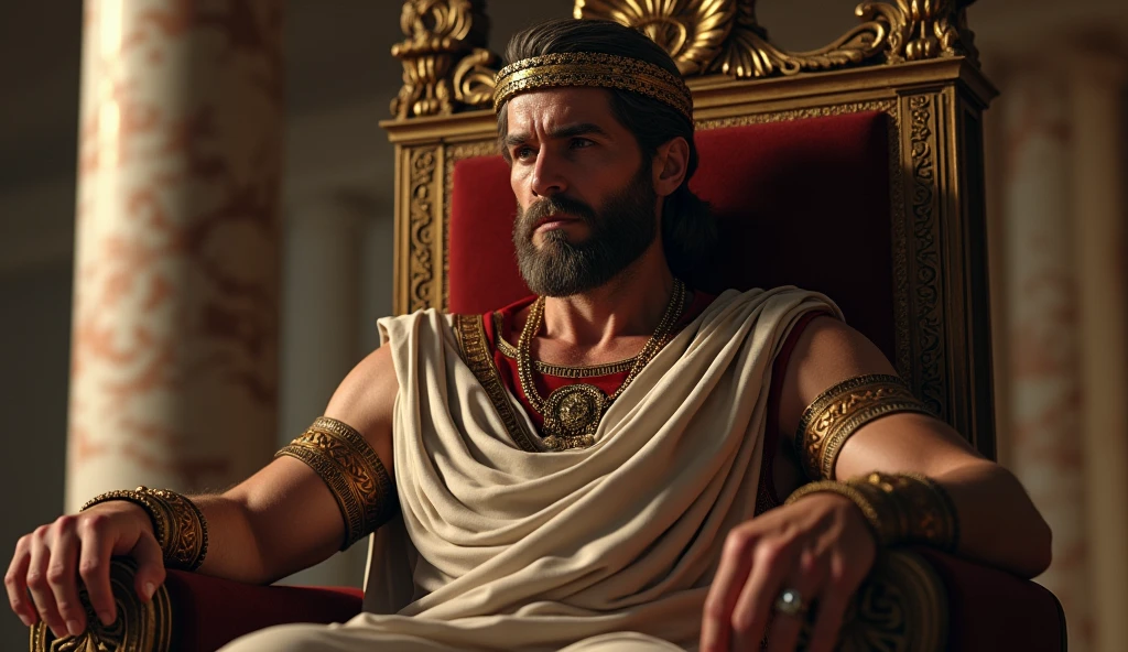 Ancient Greek King sitting on the throne thinking deep and sad