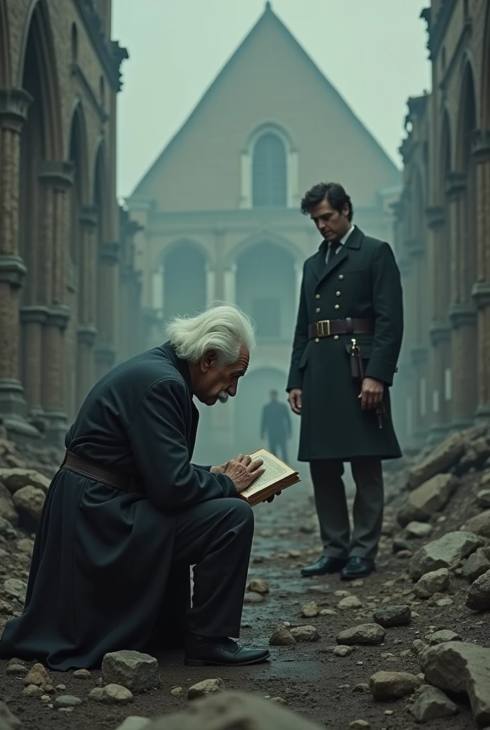 A man watching from behind Einstein sitting on his knees to the ground sadly before a destroyed church with a quantum mechanics book in hand and heads down.