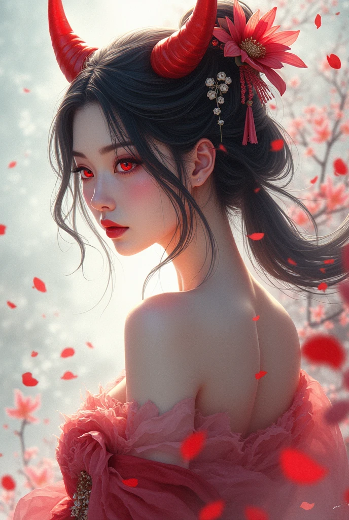 (masterpiece:1.2, best quality), (exquisite eyes: 1.2), ((1girl)), ((solo)), (red eyes:1.4), (exquisite eyes and exquisite face:1.3), ( beautiful and clear background: 1.2), (extremely detailed CG, super detailed, best shadows: 1.1), ((depth of field)), ((watercolor)), (oni: 1.5), (kimono: 1.3), big , Bare Shoulders, Flowers and Petals, Beautiful Concept Art, (White Background: 0.5), (Illustration: 1.1), (Extremely Delicate: 1.1), (Perfect Details: 1.1), Profile, Cowboy Shot,