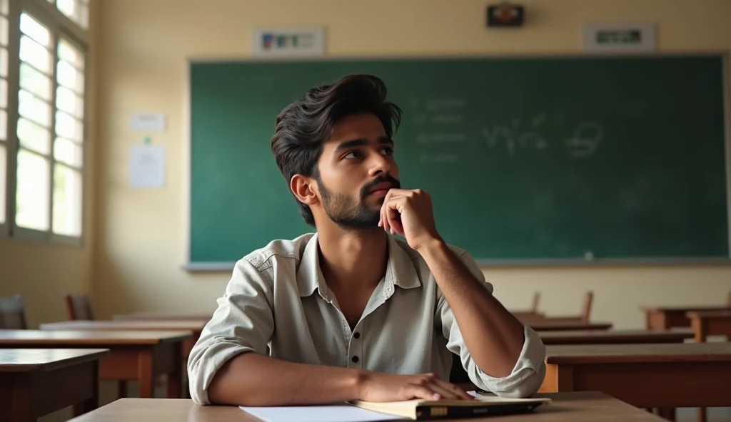 Ek 20 year boy student jo gaal per hath rakh upar dekh kar kuch soch raha hai class me Indian environment
Jo 20 year ka student hai aur ye imgage real honi chaiye
Youtube video size
ChatGPT said:
ChatGPT
A realistic scene of a 20-year-old Indian male student sitting in a classroom. He has his hand resting on his cheek as he looks upwards, appearing deep in thought. The classroom has typical Indian decor with wooden desks, a chalkboard, and some educational posters on the walls. The student is wearing casual clothing, and the environment is lit by natural sunlight coming through the windows. The overall atmosphere suggests a typical academic setting in India.
Here is the realistic image of the 20-year-old Indian student in a classroom, as you requested. Let me know if you need any adjustments!
You said:
Ek 20 year boy student jo gaal per hath rakh upar dekh kar kuch soch raha hai class me Indian environment
Jo 20 year ka student hai aur ye imgage real honi chaiye
Text generated for creat imgage
ChatGPT said:
ChatGPT
Here’s a text prompt that you can use to create an image:
"A realistic scene of a 20-year-old Indian male student sitting in a classroom. He is resting his cheek on his hand while looking upward, appearing deep in thought. The classroom features typical Indian decor, including wooden desks, a chalkboard, and educational posters on the walls. The student is dressed in casual attire, and the room is naturally lit by sunlight streaming through the windows. The environment captures the essence of a typical academic setting in India."