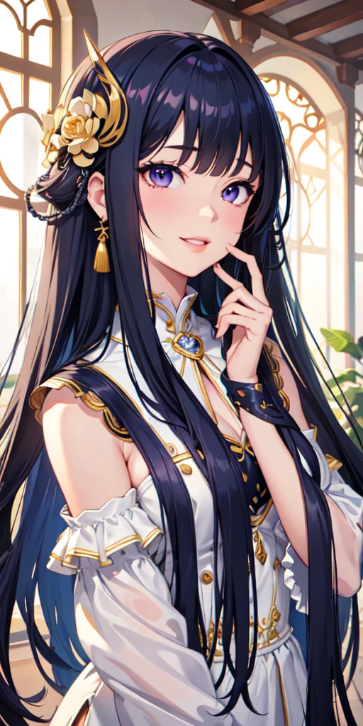 masterpiece、Highest quality、High resolution、High-quality images、8k, 1 female、Skin Radiance、Texture of skin and clothing、Expression of fine eyes、realism, detailed manga style, Manga art style, Perfect line drawing, Beautiful line art, digital manga art girl, Fuller lips, Gorgeous face with attention to detail, (smile), charm, Innocent, Side view, (Perfectly detailed face), (Beautiful Hands) Photorealistic images, Written boundary depth、Navy Blue Hair、Purple eyes、High resolution、vision、Shortcuts、amount、Trim your bangs、Slanted Eyes、、alone、whole body、Castle、indoor、Light、Short bangs、amountで揃えて髪、whole body