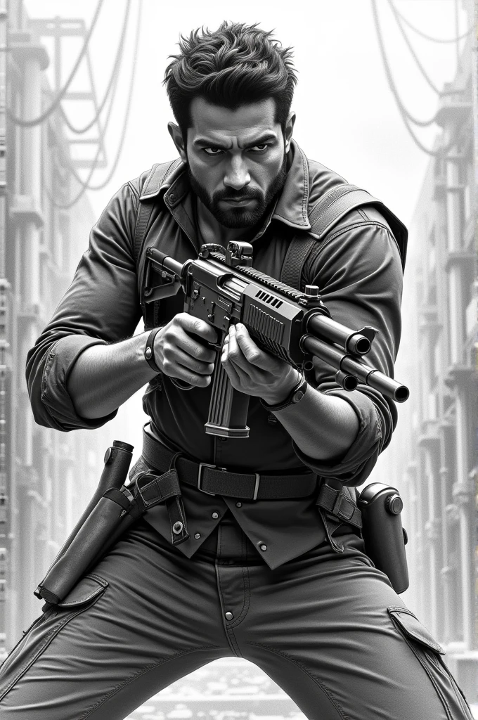 Man fires from machine gun front view like kgf movie but sketch in black and white on paper