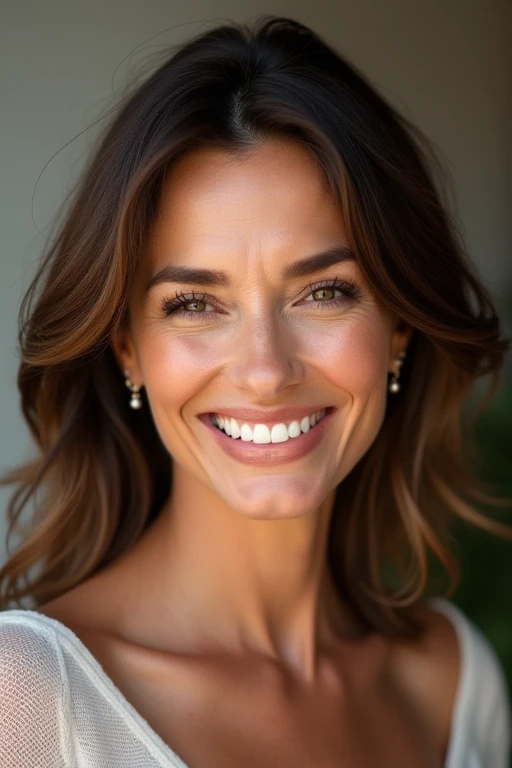 Textured skin, Brown medium hair,chest, Earrings, Simple Background, Portrait Photography, 40-year-old woman,Beauty,Glamour,Gaze, Smiling with teeth showing, 