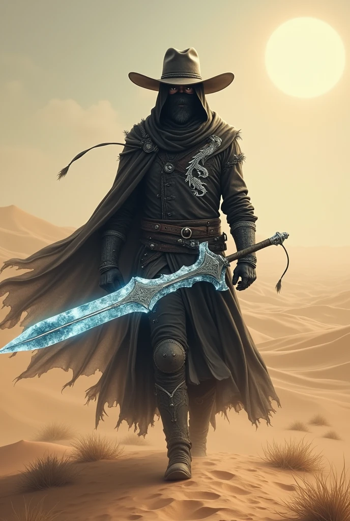 Hunter in a desert, with a long sword made of ice (an ice sword). He wears a mask and white dragon details on his outfit. (sobretudo escuro, half sepia), besides a cowboy hat (not very wide).