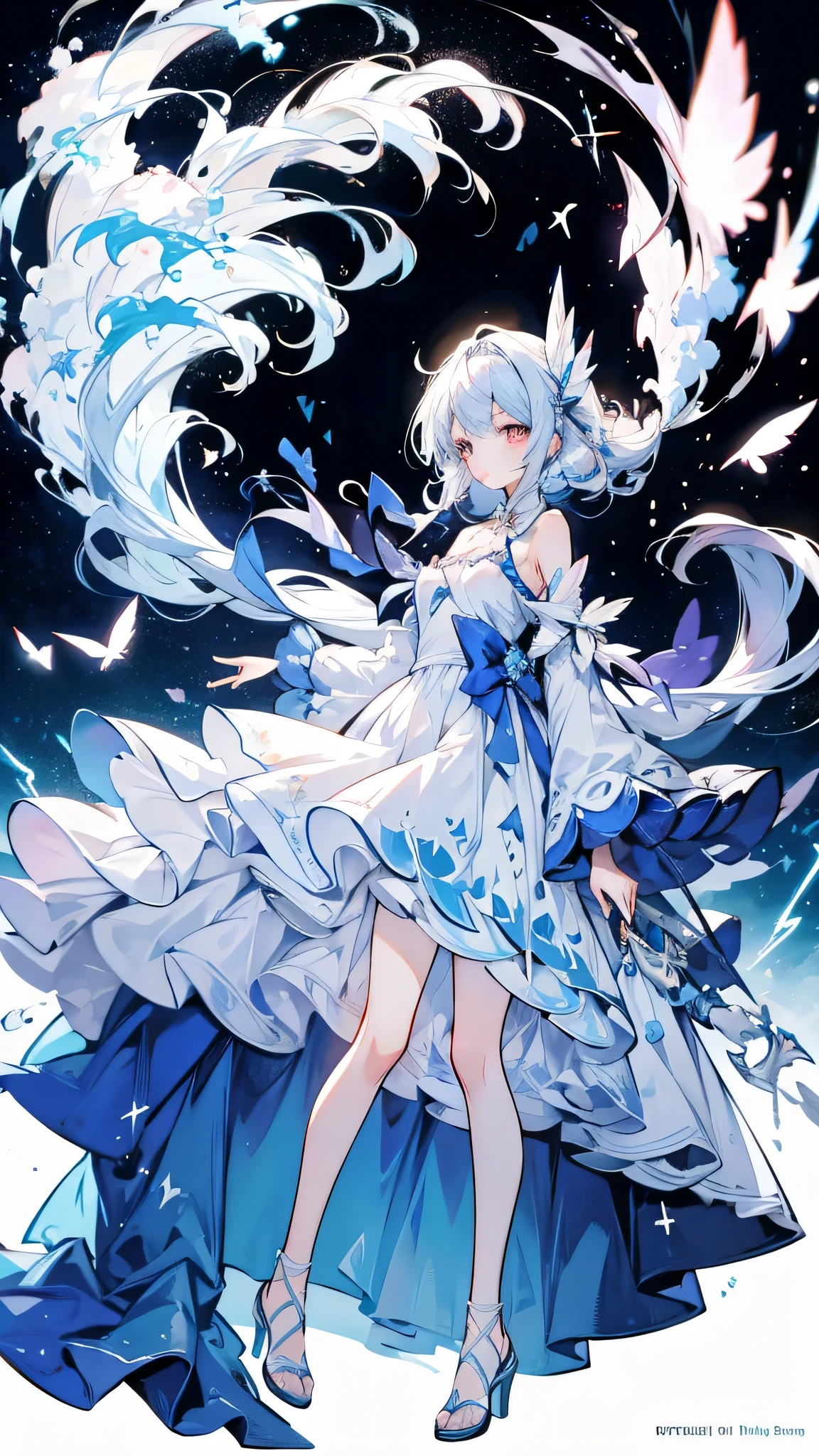 Full body illustration, anime character with, dress, blone hair, hair on both sides flying (wind), bright, lightning