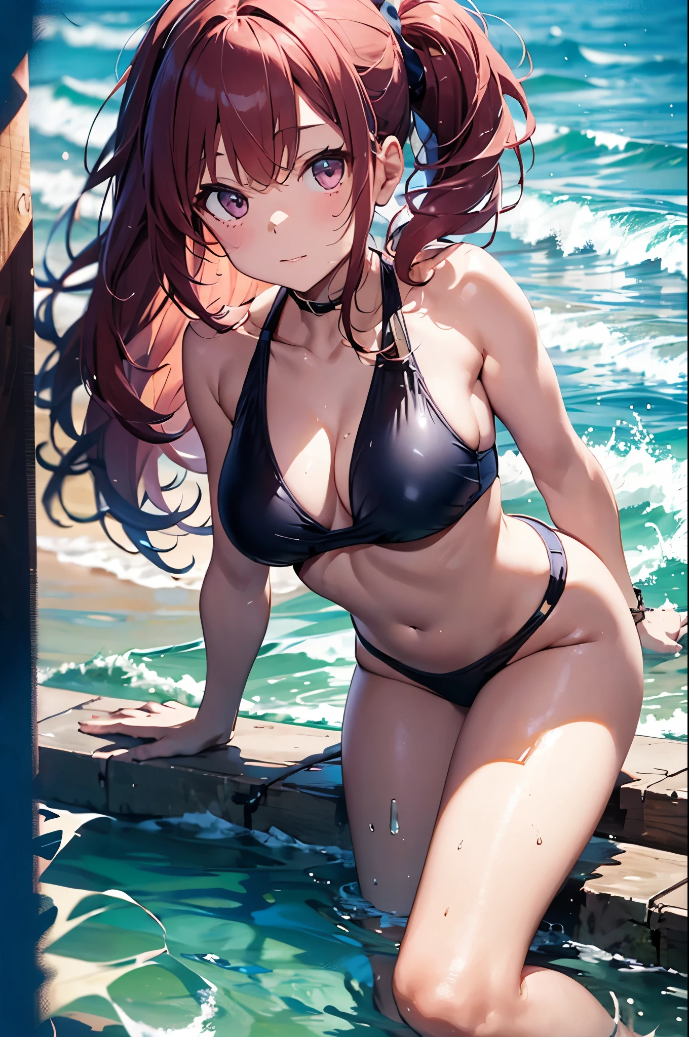 4K,8k,High resolution,Pink Swimsuit、
Quite a young woman,Pink Hair、ponytail、Pink Swimsuit、
(Soft Saturation:1.3), (Fair skin:1.2),
(ultra-Detailed Background, Detailed Background), Bokeh,
break'Smiling portrait.,
When viewed from the front, The composition is symmetrical,
Looking straight at you with serious eyes,
break Swimwear, Pink Bikini, Center of chest,
Outdoor, Sea surface, null, sunlight,Summer beach, Sandy Beach,
Strong light, Front lighting,
(:1.3), (Cowboy Shot:1.2),
Front brake angle,
View your viewers,
Dynamic pose,
sitting on the beach
Wakame seaweed、Wakame seaweed、
Seaweed、Seaweed、Seaweed、Seaweed、Seaweed、Seaweed、Seaweed、