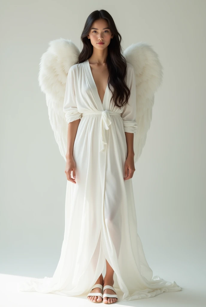 a american woman with an seraphic visage face wearing white Soft Draped Gowns, full body image, standing straight, white sandals, looking at the camera 