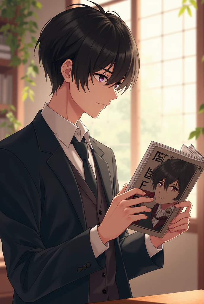 miyano yoshikazu in japan anime uniform reading a bl yaoi manga