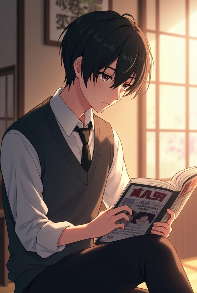 miyano yoshikazu in japan anime uniform reading a bl yaoi manga