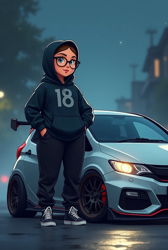 cartoon, large fat chubby girl with glasses wearing dark navy blue hijab, black hoodie with 18 in gray, black jogger pants, hi-cut black white vans shoes, side by side with sporty modified silver honda jazz gk5 rs 2018, at night foggy weather 