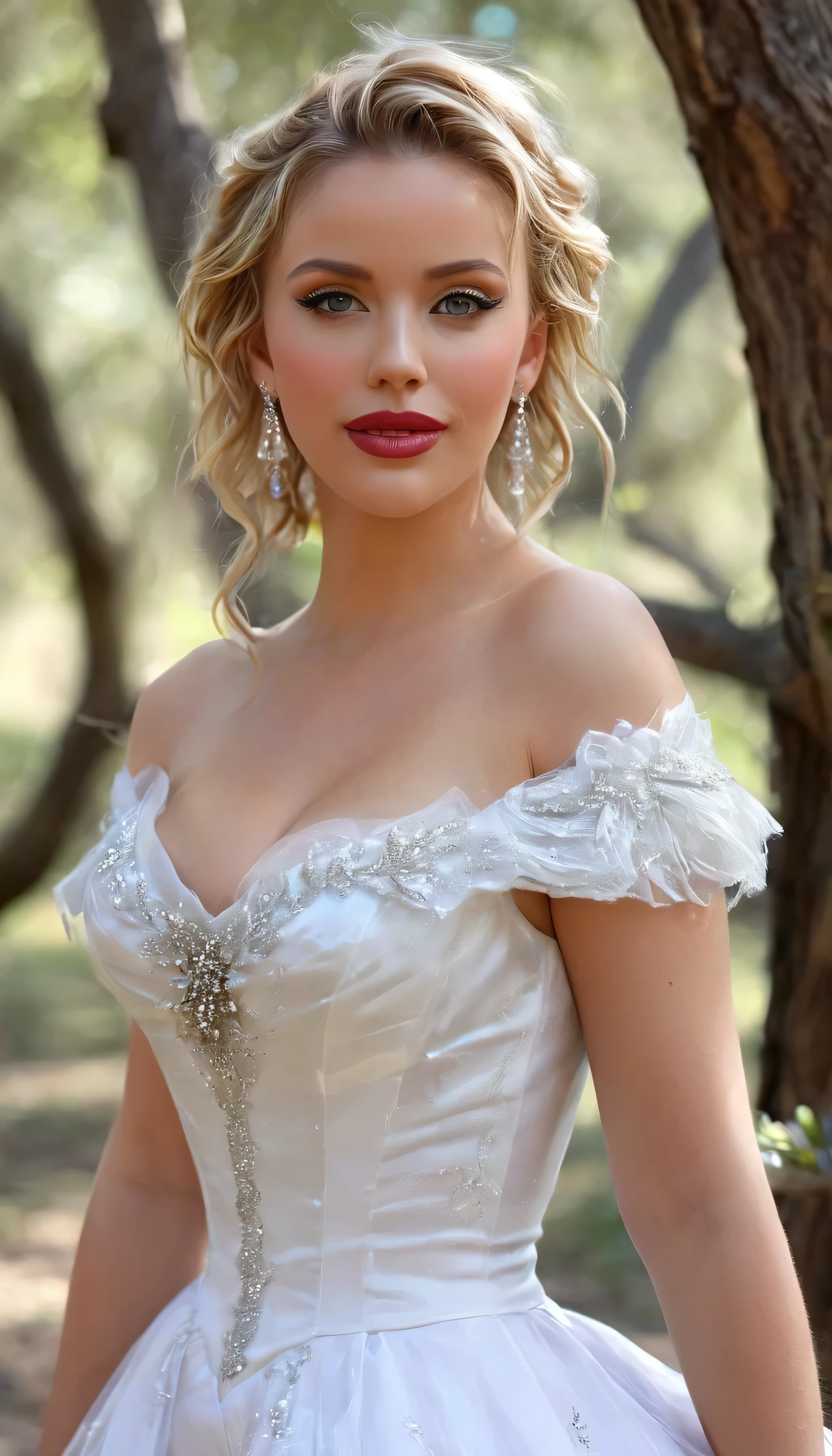 A beautiful Aristacrat woman with large elegant, hawk-like-nose, who embodies old fashioned class, sophistication, elgance as well as wholesome, natural beauty. curvy, thin-waist, wide-hips, swaying-hips. . Oppulent historically accurate victorian dress. mash up of Laura Vandervoort, Scarlett Johanson She is litting seductively under a live oak tree. Front view, details, looking at the viewer, half open mouth, pink shiny lipgloss, big diamond earrings, big diamond earrings, updo hairs,whole body photography,