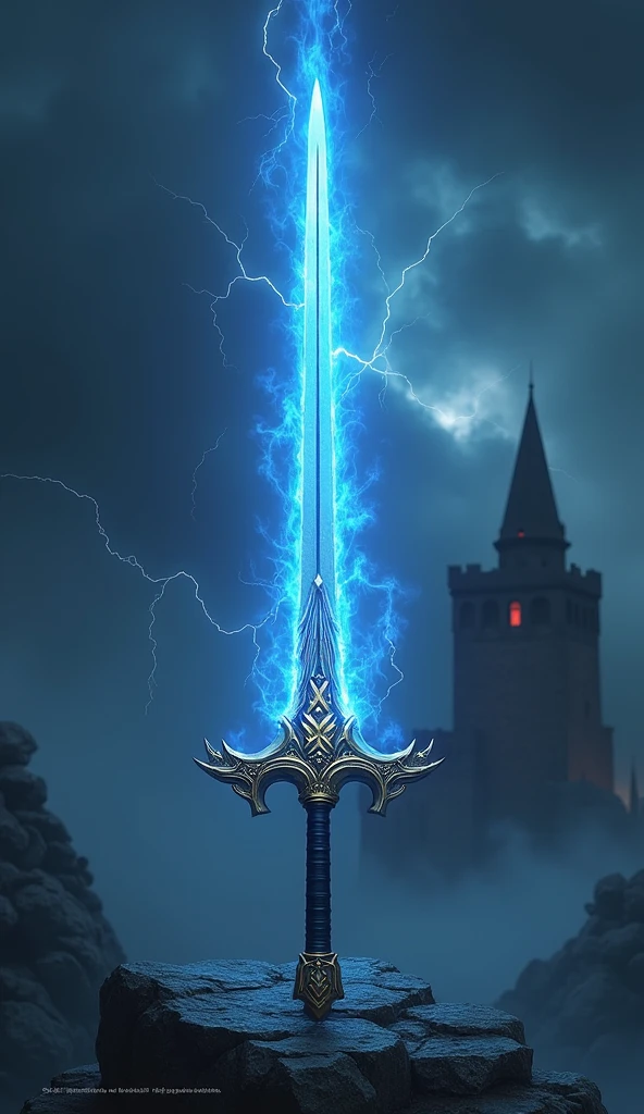The image is a digital illustration of a sword with a blue flame coming out of it. The sword has a golden hilt with intricate designs on the handle and a black sheath. The blade of the sword is long and slender, with a pointed tip and a curved handle. The blue flame is glowing brightly, creating a dramatic and powerful effect. The background is filled with dark clouds and lightning bolts, creating a dramatic and ominous atmosphere. In the distance, there is a castle-like structure that appears to be made of stone and is shrouded in fog. The overall mood of the image is ominous and foreboding.