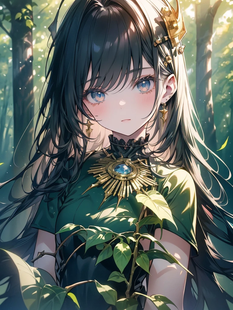 a beautiful young girl, briar rose, 1girl, detailed face, long eyelashes, delicate features, porcelain skin, flowing black hair, crown of thorns, enchanted forest, lush green foliage, sunbeams through the trees, (best quality,4k,8k,highres,masterpiece:1.2),intricate details,vibrant colors,dramatic lighting,fantasy,fairytale