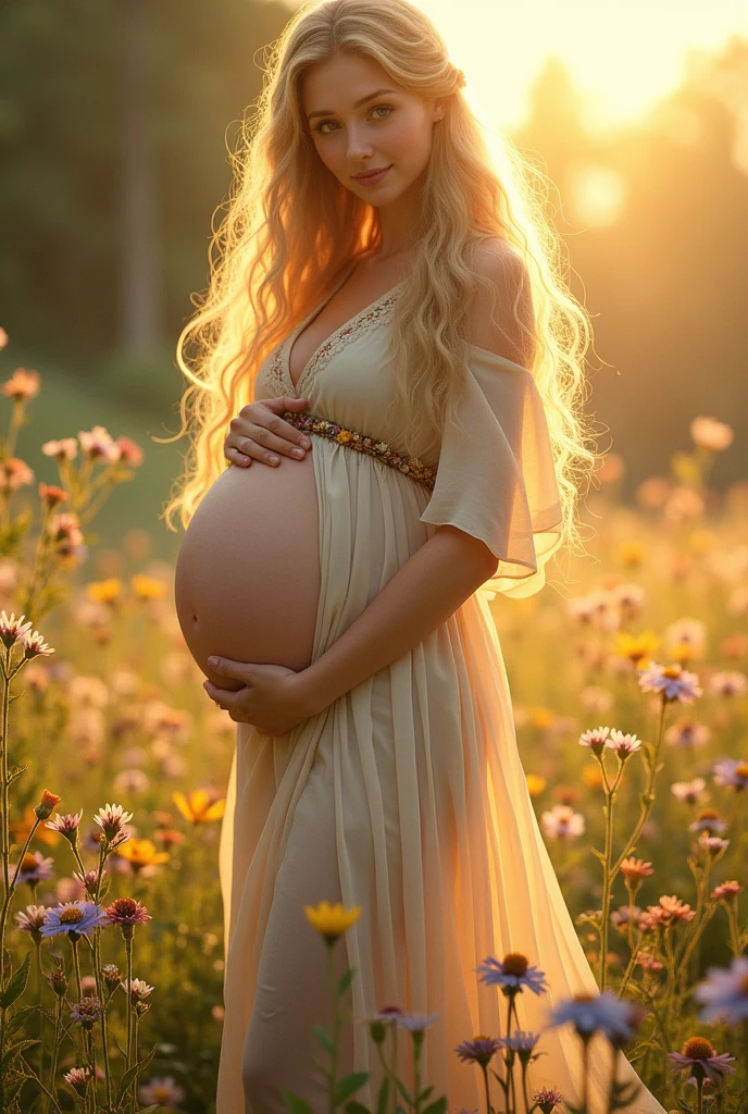 Imagine a serene and radiant pregnant goddess standing in a beautiful, lush meadow, her presence exuding a sense of peace and nurturing energy. Her long, flowing hair cascades down her back in waves of golden light, shimmering softly in the warm sunlight. Her eyes are gentle and filled with a loving, maternal glow, reflecting the joy and anticipation of new life.

She is dressed in a flowing, light gown made of soft, natural fabric that drapes gracefully over her body, highlighting her pregnant belly. The gown is adorned with delicate floral patterns in soft, earthy tones—greens, blues, and golds—that seem to move with a gentle breeze, symbolizing her connection to nature and life. A thin, braided belt made of vines and small flowers rests just above her belly, accentuating her .

Around her, the meadow is in full bloom, with vibrant flowers of every color swaying gently in the wind. Butterflies flutter around her, and small animals—rabbits, deer, and birds—gather nearby, drawn to her nurturing energy. She stands barefoot on the soft grass, her posture relaxed, one hand resting gently on her belly, the other lightly touching a blooming flower beside her.

The sun shines warmly above, casting a soft, golden light that creates a halo effect around her, emphasizing her divine nature. A gentle, soothing aura surrounds her, radiating warmth, love, and the promise of new beginnings.