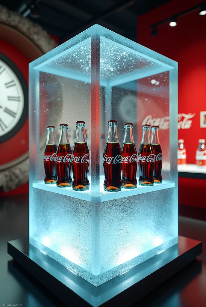 display case with several Coca Cola bottles on tables, with old and new packaging all inside a frozen cube, and in the background a giant clock