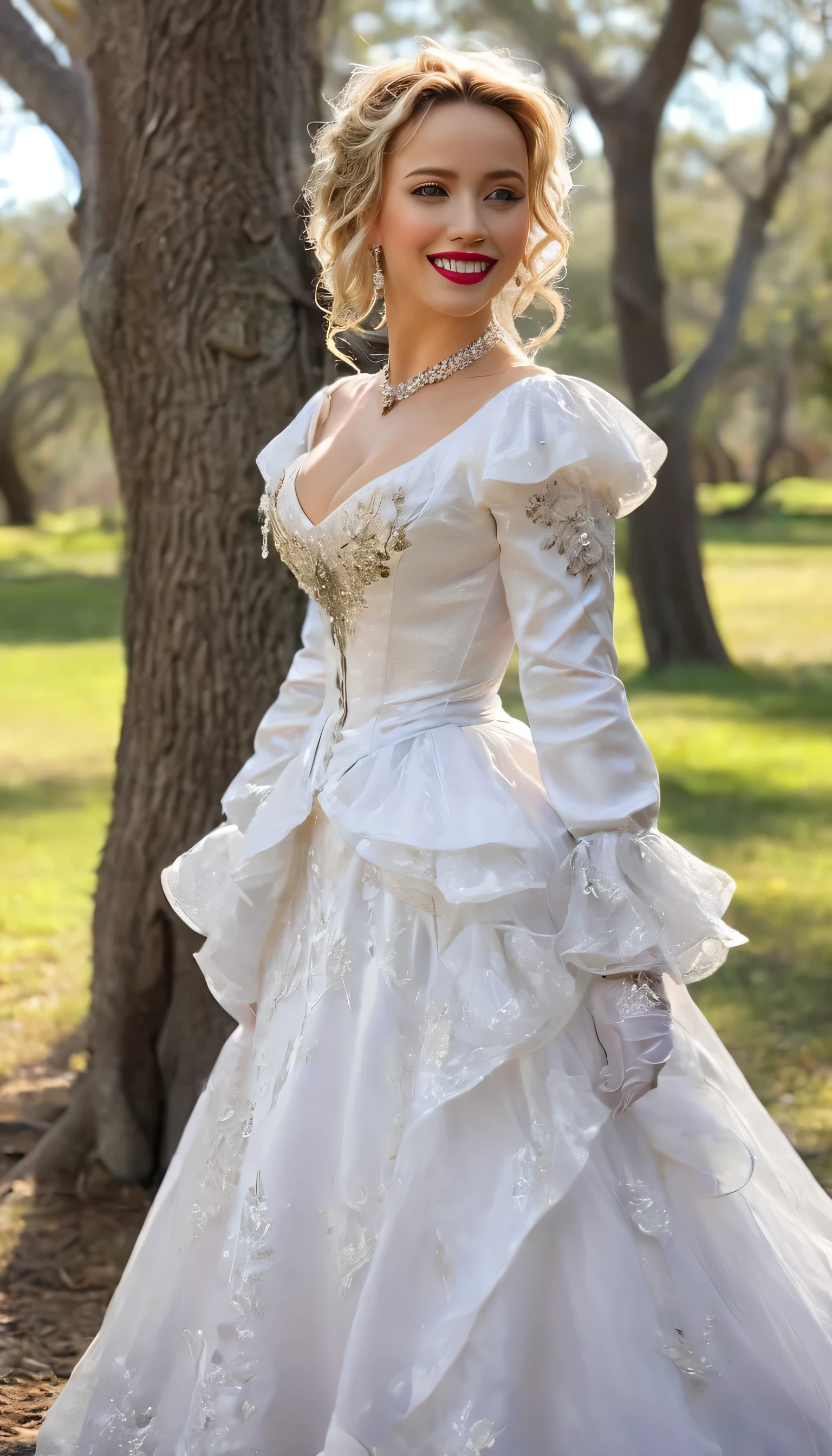 A beautiful Aristacrat woman with large elegant, hawk-like-nose, who embodies old fashioned class, sophistication, elgance as well as wholesome, natural beauty. curvy, thin-waist, wide-hips, swaying-hips. . Oppulent historically accurate victorian dress. mash up of Laura Vandervoort, Scarlett Johanson She is litting seductively under a live oak tree. Front view, details, looking at the viewer, half open mouth, pink shiny lipgloss, big diamond earrings, big diamond earrings, updo hairs,whole body photography,