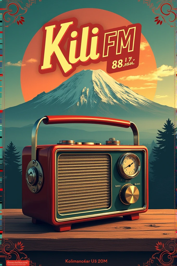 "Design an eye-catching poster for a radio event titled 'Kili Fm 87.5.' The poster should feature the name 'Kili Fm 87.5Mhz Kilimanjaro Tanzania' with a vintage aesthetic. Include a realistic, classic radio as a central element, set against an amazing, dynamic background that captures the essence of Kilimanjaro. Use bold, stylish fonts for the title, with the slogan 'Kili Fm Mpasuo Msonobari' prominently displayed. The overall design should blend retro and modern vibes, making the poster both nostalgic and captivating."