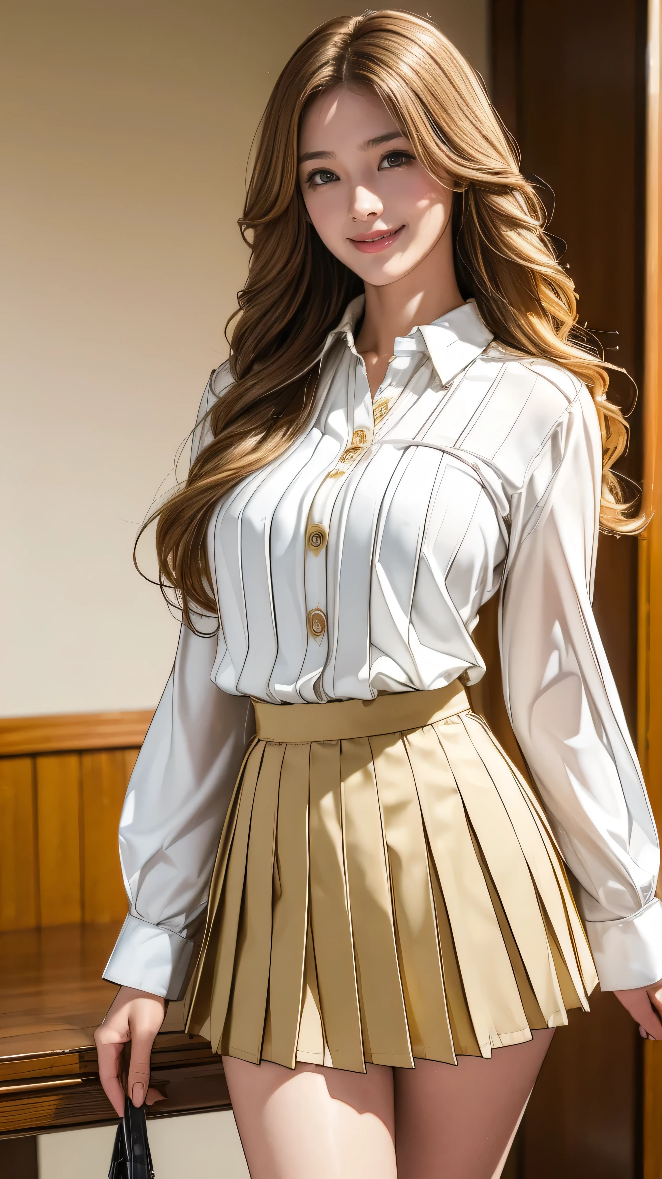 (Very detailed, Realistic, Highest quality, 4K, 8k, High resolution, masterpiece:1.3), An attractive flight attendant with a graceful and elegant figure. Erin Anderson is tall and slender, long, Long, wavy, golden blonde hair styled in loose curls. Long hair that reaches down to the buttocks.She has attractive, friendly, bright green eyes.(Long hair that reaches down to the buttocks:1.5)((とてもlong髪))((Smile、Embarrassed smile)) ((white long sleeve button up blouse,_brown pleated mini skirt,Put the shirt inside the skirt:1.3)),