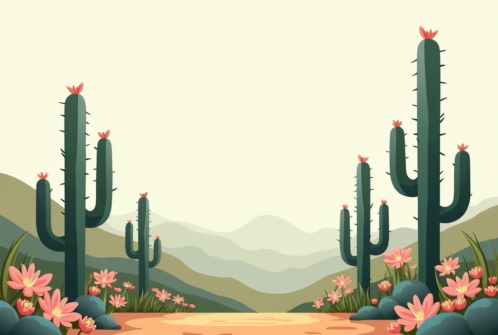 cacti and flowers in the caatinga in pastel tones in 2d, simple drawing