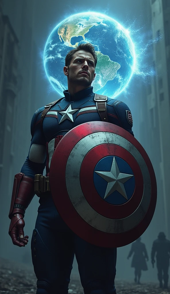 llustrate a powerful and climactic moment where Captain America stands at the center of the image, holding his shield aloft with the entire world—represented as a fragile, glowing orb—balanced precariously on its edge.
Clareza e Especificidade no Prompt: Captain America is positioned in a heroic stance, one knee slightly bent, as he raises his shield high above his head. The shield is now the focal point of immense power, with the orb of the Earth resting delicately on its edge, glowing with a soft, ethereal light. The image captures the tension and responsibility weighing on Captain America as he holds the fate of the world in his hands.
Detalhes Visuais: Captain America’s figure should be depicted in vivid detail, his suit slightly tattered from previous battles, but his posture remains resolute and determined. His shield, now infused with the energy of the Reality Stone, emits a powerful glow that bathes him and the surrounding area in light. The Earth orb is semi-transparent, showing continents and oceans within, surrounded by a delicate aura of light that suggests its fragility. Tiny cracks might be visible on the surface of the orb, hinting at the world’s precarious state.
Contexto e Composição: The composition centers on Captain America, with the background fading into darkness to emphasize the gravity of the moment. The perspective is slightly upward, making Captain America appear larger-than-life, embodying the weight of his responsibility. The orb of the Earth, resting on the shield, is positioned at the very top of the image, drawing the viewer's eye immediately to the focal point.
Atenção ao Ambiente: The environment around Captain America is stark and minimalistic, with the focus entirely on him and the world he’s protecting. Subtle energy waves radiate from the shield, distorting the air slightly around him, emphasizing the immense power at play. In the background, faint, shadowy silhouettes of past battles and key moments might be barely visible,