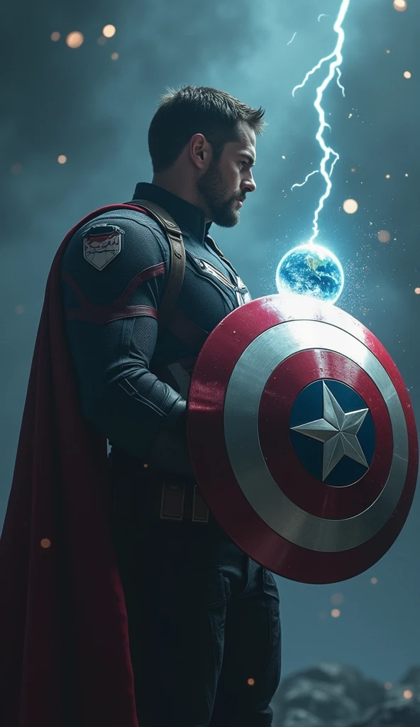 llustrate a powerful and climactic moment where Captain America stands at the center of the image, holding his shield aloft with the entire world—represented as a fragile, glowing orb—balanced precariously on its edge.
Clareza e Especificidade no Prompt: Captain America is positioned in a heroic stance, one knee slightly bent, as he raises his shield high above his head. The shield is now the focal point of immense power, with the orb of the Earth resting delicately on its edge, glowing with a soft, ethereal light. The image captures the tension and responsibility weighing on Captain America as he holds the fate of the world in his hands.
Detalhes Visuais: Captain America’s figure should be depicted in vivid detail, his suit slightly tattered from previous battles, but his posture remains resolute and determined. His shield, now infused with the energy of the Reality Stone, emits a powerful glow that bathes him and the surrounding area in light. The Earth orb is semi-transparent, showing continents and oceans within, surrounded by a delicate aura of light that suggests its fragility. Tiny cracks might be visible on the surface of the orb, hinting at the world’s precarious state.
Contexto e Composição: The composition centers on Captain America, with the background fading into darkness to emphasize the gravity of the moment. The perspective is slightly upward, making Captain America appear larger-than-life, embodying the weight of his responsibility. The orb of the Earth, resting on the shield, is positioned at the very top of the image, drawing the viewer's eye immediately to the focal point.
Atenção ao Ambiente: The environment around Captain America is stark and minimalistic, with the focus entirely on him and the world he’s protecting. Subtle energy waves radiate from the shield, distorting the air slightly around him, emphasizing the immense power at play. In the background, faint, shadowy silhouettes of past battles and key moments might be barely visible,