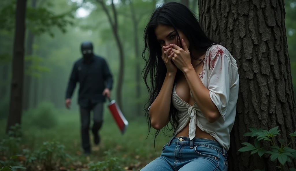 ultra realistic, photography, long black straight hair, messy hair, (30 years old, hazel eyes, hourglass figure, perfect fit body, natural big breasts), femme fatale, she is wearing a very ripped and torn blouse with a plunging neckline, pushed down over her right shoulder, blood is on her blouse, she got cuts and scratches, there are bloodstains on her blue jeans, her sneakers are dirty, she is hiding in the woods, standing behind a huge tree, she is leaning against the huge tree, she looks very scared, she covers her mouth with her hands, a guy with a devils mask and a bloody machete is approaching behind her tree, he is looking around, extreme wide angle
