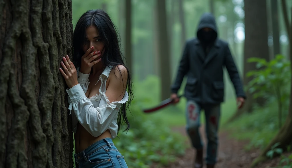 ultra realistic, photography, long black straight hair, messy hair, (30 years old, hazel eyes, hourglass figure, perfect fit body, natural big breasts), femme fatale, she is wearing a very ripped and torn blouse with a plunging neckline, pushed down over her right shoulder, blood is on her blouse, she got cuts and scratches, there are bloodstains on her blue jeans, her sneakers are dirty, she is hiding in the woods, standing behind a huge tree, she is leaning against the huge tree, she looks very scared, she covers her mouth with her hands, a guy with a devils mask and a bloody machete is approaching behind her tree, he is looking around, extreme wide angle