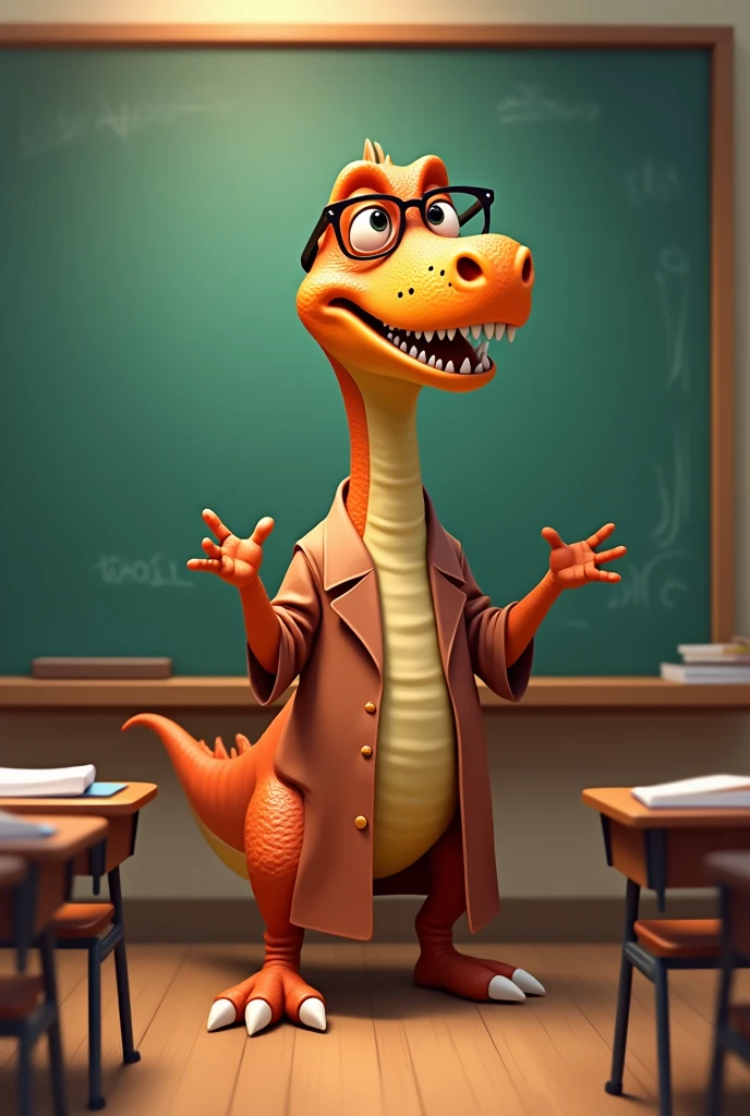 Animated dinosaur next to a blackboard teaching