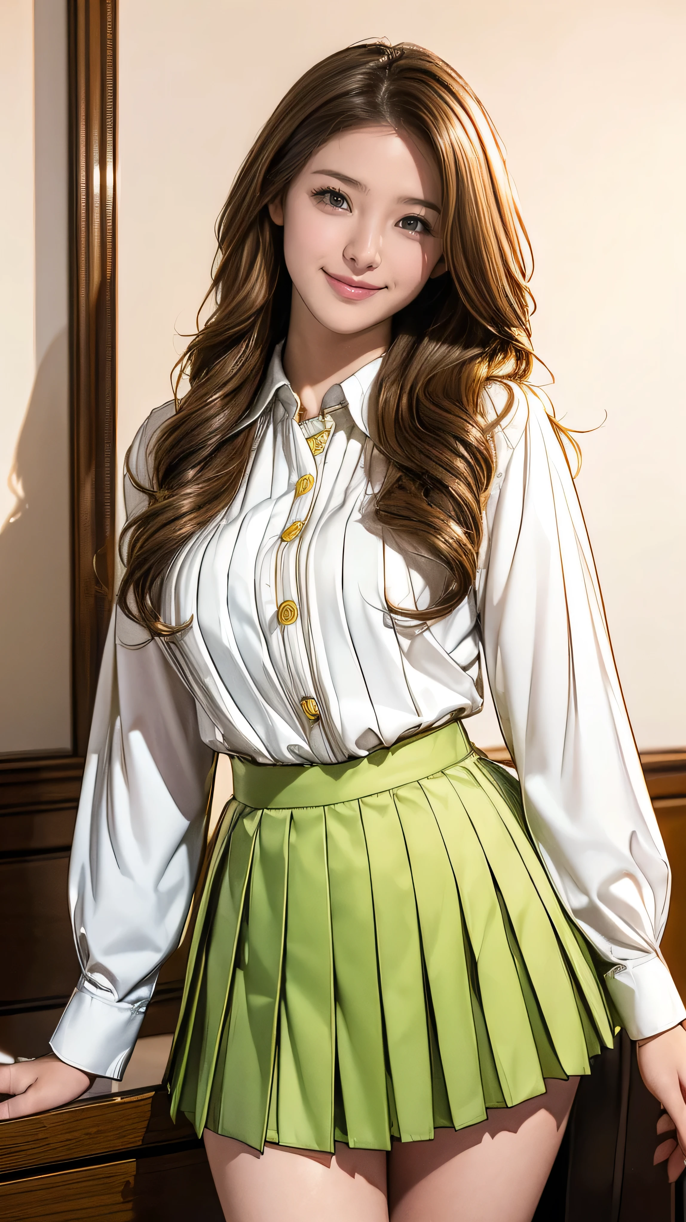 (Very detailed, Realistic, Highest quality, 4K, 8k, High resolution, masterpiece:1.3), An attractive flight attendant with a graceful and elegant figure. Erin Anderson is tall and slender, long, Long, wavy, golden blonde hair styled in loose curls. Long hair that reaches down to the buttocks.She has attractive, friendly, bright green eyes.(Long hair that reaches down to the buttocks:1.5)((とてもlong髪))((Smile、Embarrassed smile)) ((white long sleeve button up blouse,_brown pleated mini skirt,Put the shirt inside the skirt:1.3)),