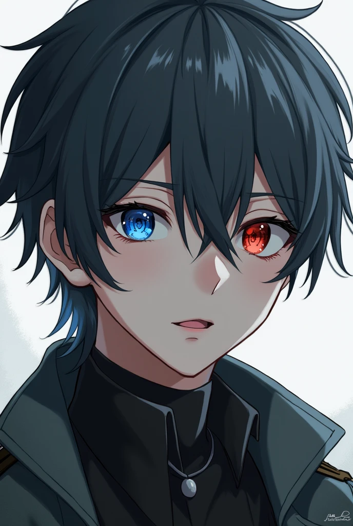 Boy with dark grey hair, left eye blue and right eye red. He is 18 years and is supposed to appear calm but firm