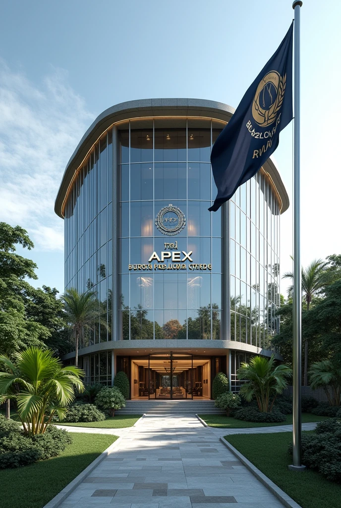 A company headquarters with,
The image showcases a modern building with distinct Singaporean architectural elements. The building features sleek glass facades, clean lines, and an elegant, minimalist design that reflects a blend of modernity and traditional Southeast Asian influences. The structure rises several stories high, with a curved roof inspired by the traditional "Minangkabau" style, slightly flaring at the edges.
At the top of the building, prominently displayed is a large sign that reads "APEX GLOBAL HOLDINGS EMBASSY" in bold, metallic letters, illuminated subtly for a sophisticated look. The lettering is centered above the main entrance, which is framed by two large, polished stone pillars.
The building is surrounded by a lush, well-manicured compound, featuring a variety of tropical plants, palm trees, and a koi pond that reflects the building's modern yet organic design. A wide, stone pathway leads to the entrance, bordered by low, neatly trimmed hedges.
Flag Description:
A flagpole stands to the right of the main entrance, positioned near the koi pond. The flag of Apex Global Holdings is flying atop it, featuring a deep navy blue background with a golden emblem at the center. The emblem is a globe encircled by olive branches, symbolizing peace and global reach, with the letters "AGH" elegantly inscribed at the bottom of the globe in a bold, modern font. The flag waves gently in the breeze, adding a sense of dignity and prestige to the setting.
The entire scene is set against a clear blue sky, with the building’s glass facade reflecting the natural surroundings, enhancing the serene and prestigious ambiance of the compound
