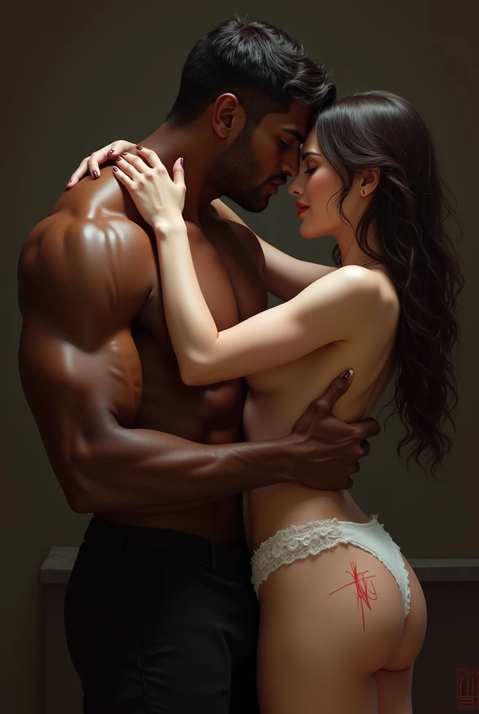 Muscular naked dark-skinned man&#39;s back being scratched by white woman&#39;s hands with nail design while having intercourse