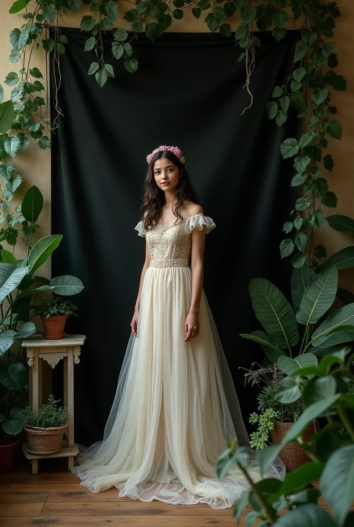 Create me a studio for Lashita with the theme of Alice in Wonderland, The stretcher is a black Dibam type, a small mirror, leaves around the wall...that can be made in a vintage style on a low budget 