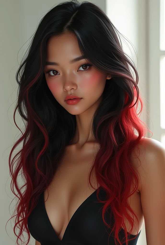 Draw my grilfriend her characters : tall, long hair whit waves and black red color, asian and Brasilian nationality.