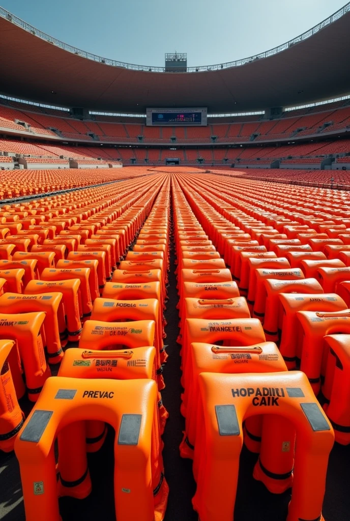 mosaic of life-saving VESTS sent to refugees in Couto Pereira, Coritiba stadium in Curitiba 