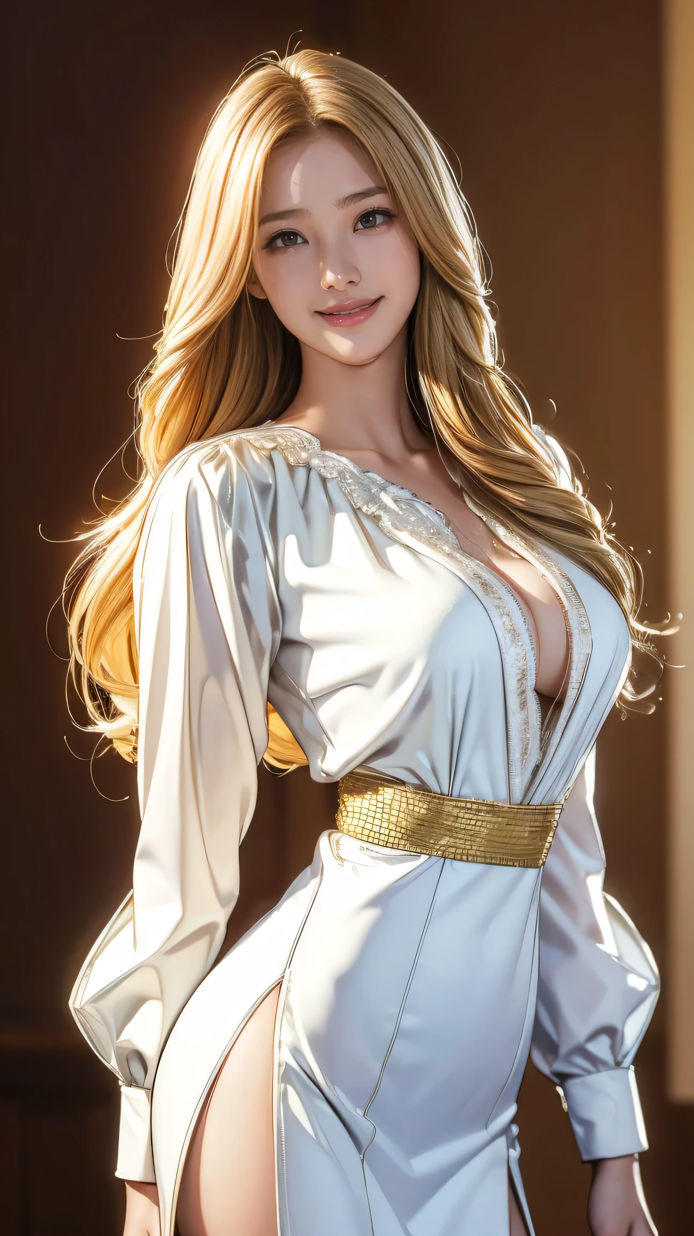 (Very detailed, Realistic, Highest quality, 4K, 8k, High resolution, masterpiece:1.3), An attractive flight attendant with a graceful and elegant figure. Erin Anderson is tall and slender, long, Long, wavy, golden blonde hair styled in loose curls. Long hair that reaches down to the buttocks.She has attractive, friendly, bright green eyes.（Long hair that reaches down to the buttocks:1.5）((とてもlong髪))((Smile、Embarrassed smile)) 　((Lush bust、White and beautiful blouse、with slit,:1.3)),
