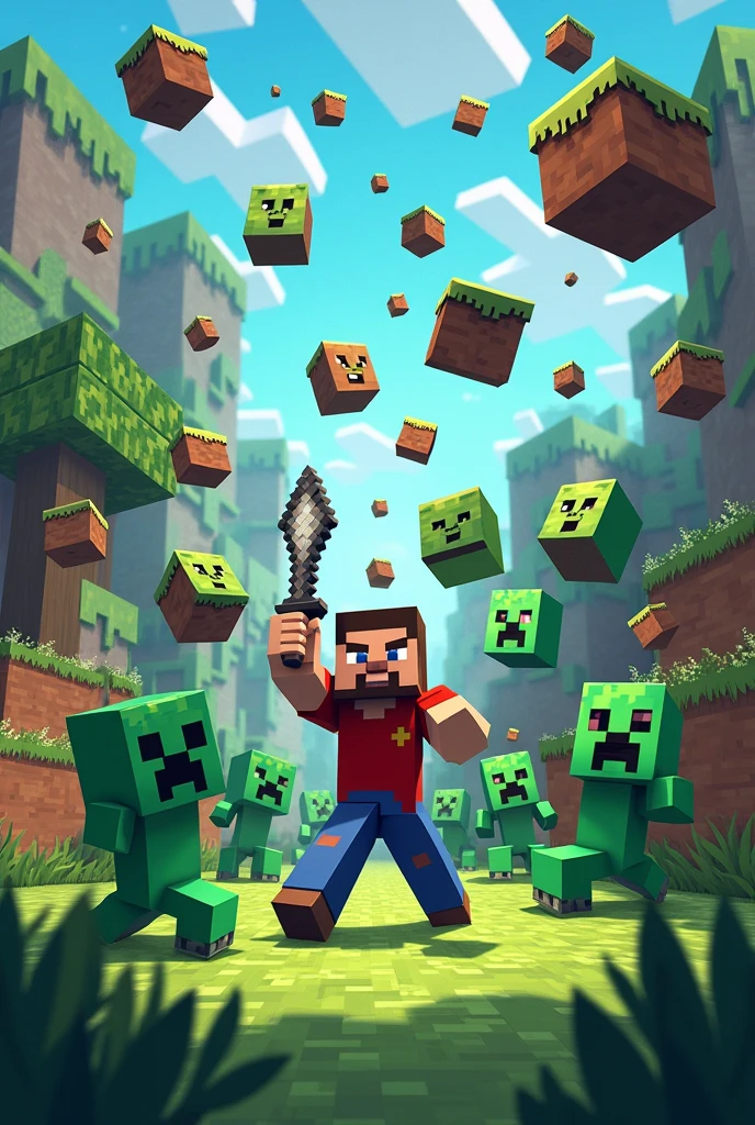 Create an image with a Minecraft skin and a creeper that drops a lot of looks. Text &quot;mobs drop random loot