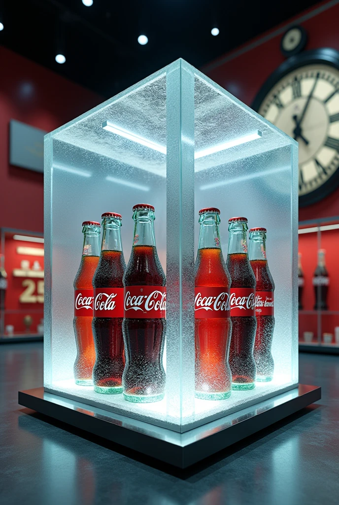 display case with several Coca Cola bottles on tables, with old and new packaging all inside a frozen cube, and in the background a giant clock