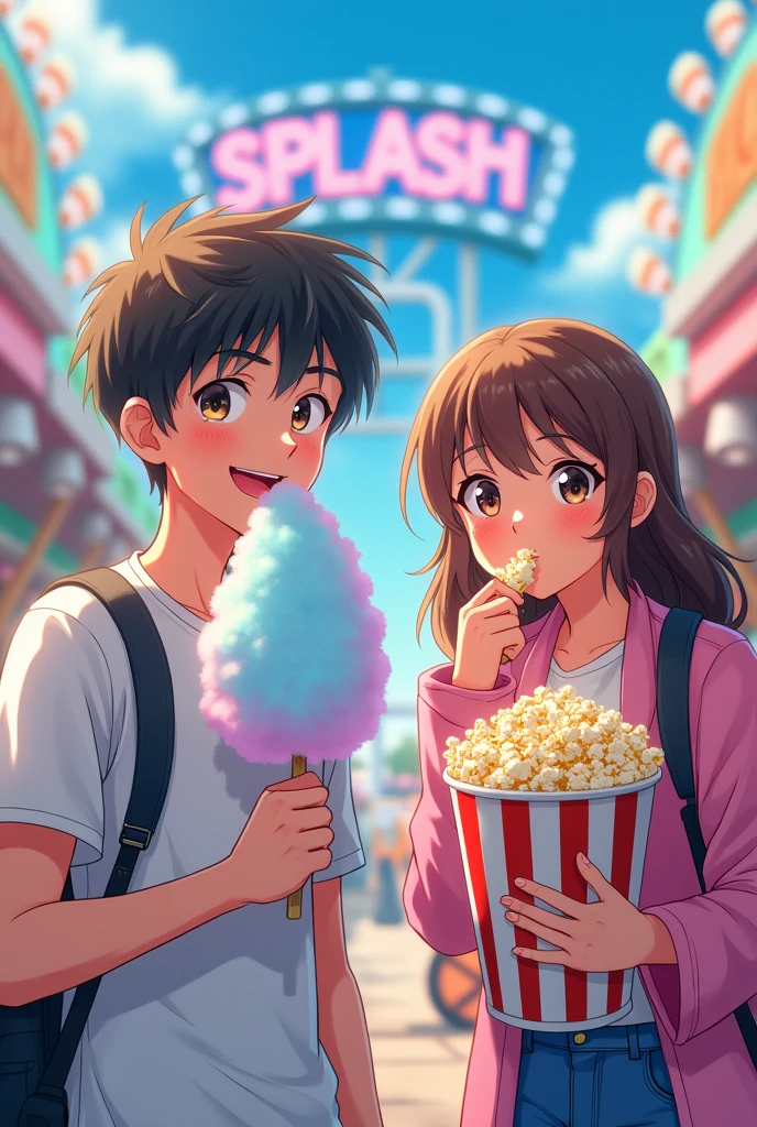 Anime teen boy eating cotton candy and teen girl with popcorn in hand, in an amusement park, with a full sign behind that says SPLASH 