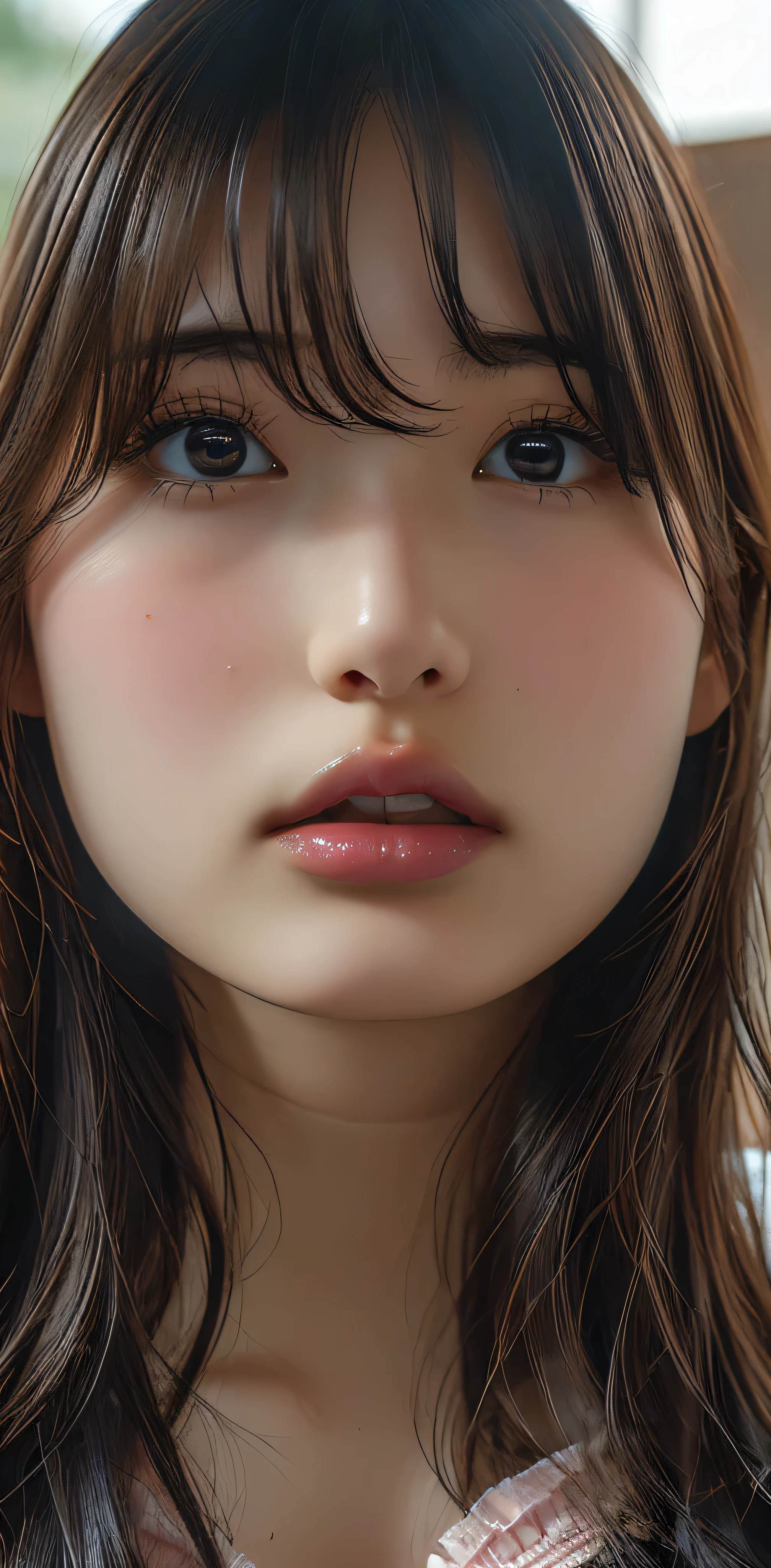 best quality, ultra high res, (photorealistic:1.4), 8k resolution, girl, (brown random hair:1.3), (realistic hair:1.2), (Korean girl:1.2), (realistic eyes:1.2), (beauty face:1.3), perfect body, white pale skin, big breast, cleavage, (mouth and tongue open:1.2), (top angle:1.3), (wet thong:1.2),