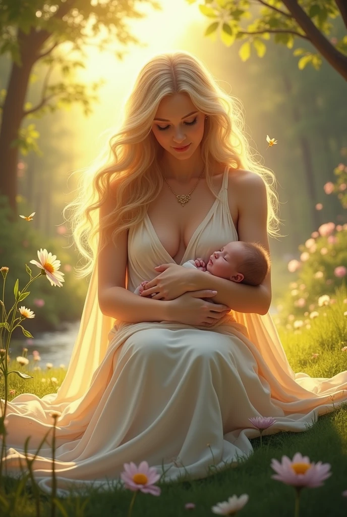 Imagine a serene and loving goddess sitting in a peaceful, natural setting, breastfeeding her newborn baby. She has long, flowing hair that shimmers with a soft, golden light, cascading over her shoulders as she cradles her child. Her eyes are filled with warmth and tenderness, reflecting her deep, nurturing love.

She is dressed in a simple yet elegant gown made of soft, flowing fabric that drapes gracefully around her body. The gown is adorned with subtle celestial patterns—stars, moons, and flowers—that symbolize her divine nature and her connection to the universe. The fabric gently falls to one side, allowing her to comfortably hold her baby to her breast, offering nourishment.

Her baby, wrapped in a soft, light blanket, looks up at her with innocent, wide eyes, one tiny hand resting against her skin. The goddess holds the baby close with one arm, her other hand gently supporting the baby's head, her posture relaxed and loving.

Around her, the setting is tranquil and lush, with soft, green grass beneath her and a canopy of trees overhead. Sunlight filters through the leaves, casting a gentle, warm glow over the scene. Nearby, a small stream flows quietly, and birds sing softly, adding to the peaceful ambiance. Flowers bloom around her, their colors vibrant and their petals gently swaying in the breeze.

A soft, golden aura surrounds the goddess, radiating warmth, peace, and divine love, highlighting the beauty and sacredness of this nurturing moment. She embodies the essence of motherhood, blending her divine presence with the universal bond between a mother and her child.